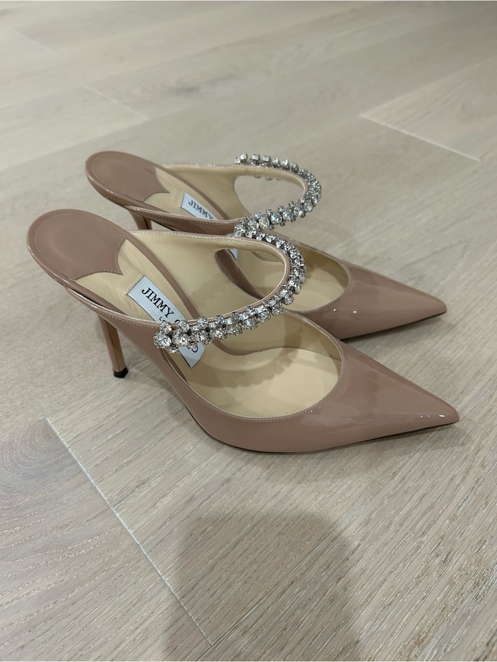 Jimmy Choo Bing 100 Beige Patent Leather Crystal-Strap Pointed Toe Mules 38.5